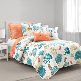 Lush Decor 194938030021 Coastal Reef Feather Reversible Quilt Set 5 Piece Twin/ Twin Xl Blue &