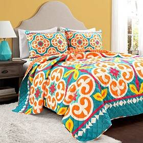 Lush Decor 194938032704 Boho Floral Reversible Oversized 3 Piece Quilt Set King/cal King Turquoise