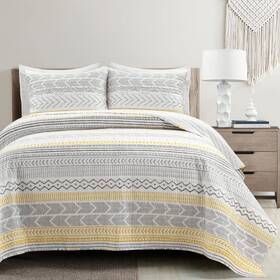 Lush Decor 194938037075 Hygge Geo Pattern Striped 3 Piece Quilt Bedding Set King Yellow