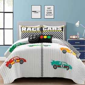 Lush Decor 194938051507 Racing Cars Reversible Oversized 5 Piece Quilt Set Full/queen White