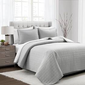 Lush Decor 194938051583 Farmhouse Box Stitch And Stripe Oversized Reversible Cotton 3 Piece Quilt Set