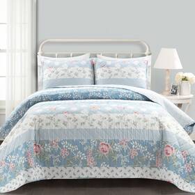 Lush Decor 194938051774 Cottage Core Flower Stripe Oversized Reversible 3 Piece Cotton Quilt Set Ful