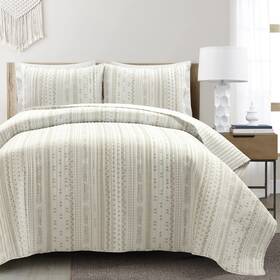 Lush Decor 194938060691 Hygge Stripe Oversized Reversible 3 Piece Quilt Set Full/queen Neutral And White