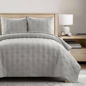 Lush Decor 194938070973 Hexagon Honeycomb Embroidered Textured Cotton Quilt Gray 3 Piece Set Full/que