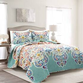 21t011770 Lush Decor Boho Chic Reversible Cotton Quilt 3-piece Set Full/ Queen Seafoam And Red - B