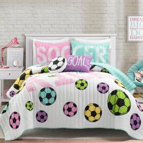 21t012844 Lush Decor Girls Soccer Kick Reversible Quilt Queen Size 5 Piece Set Full/que