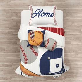 21t013421 Lush Decor Baseball Game Quilt Twin Size 4pc Set White And Red Toddler Bedding