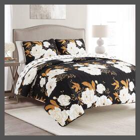 54334100 Lush Decor Quilt Set Reversible Floral Pattern Oeko-tex Fabric Black/gold King