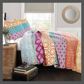 54613432 Lush Decor 3pc Full/queen Bohemian Reversible Stripe Quilt And Sham Set Fuchsia/orange -