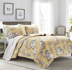 Lush Decor 739450618045 French Country Toile Full/queen 100% Cotton Quilt Set Yellow/gray