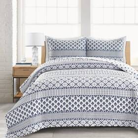 79844087 Lush Decor Quilt Set Hygge Reversible Stripes Soft And Warm Navy/white King