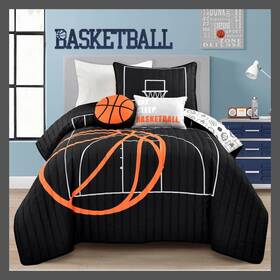 80364992 Lush Decor 5pc Full/queen Kidsft Basketball Game Reversible Quilt Set Black/orange