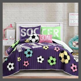 80365241 Lush Decor 5pc Full/queen Kidsft Girls Soccer Kick Reversible Oversized Quilt Set Purple