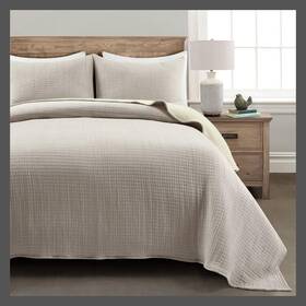 80526278 Lush Decor Cotton Quilt Set Kantha Pick Stitch Neutral/off White King