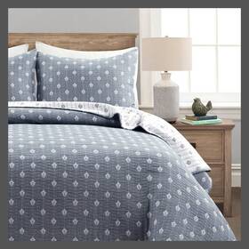 81429585 Lush Decor Quilt Set Cotton Leaf Pattern 280tc Navy/off-white Full/queen