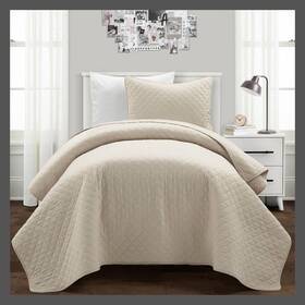 81429588 Lush Decor Cotton Quilt Set Diamond Pattern Year-round Use Neutral King