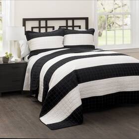 Lush Decor 848742049693 New Berlin Quilt Striped Pattern 3 Piece Bedding Set Full/queen Black And White