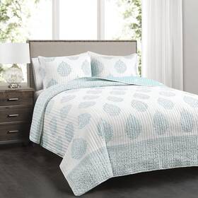 Lush Decor 848742056950 Blue Teardrop Leaf Quilt-reversible Floral Stripe 3 Piece Bedding Set King