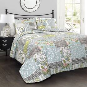 Lush Decor 848742060858 King-blue Roesser Quilt Patchwork Floral Reversible Print Pattern Country F