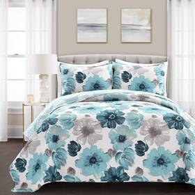 Lush Decor 848742081266 Leah Reversible Floral Quilt Set 3 Piece Full/ Queen Blue - Charming F