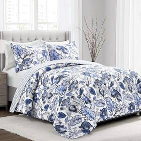 Lush Decor 848742088944 Cynthia Jacobean Quilt 3 Piece Reversible Bedding Set Full Queen Blue