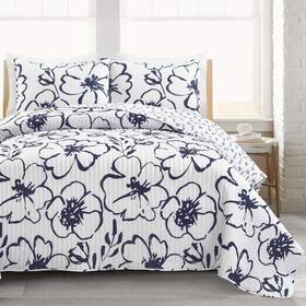 Lush Decor 848742098110 Scandinavian Floral Quilt Queen Size Reversible 3 Piece Set Full/queen Navy