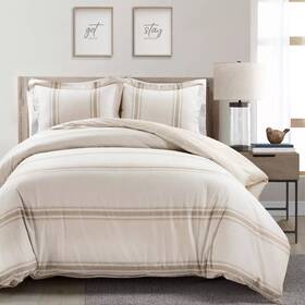 85334044 Lush Decor Duvet Cover Set Cotton Farmhouse Pinstripe Shiplap Tan Full/queen