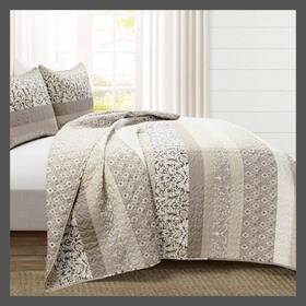 86253796 Lush Decor 3pc King Boho Stripe Reversible Oversized Cotton Quilt Set Neutral