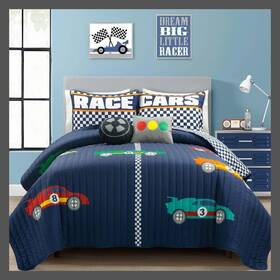 88098179 Lush Decor 5pc Full/queen Kidsft Racing Cars Reversible Oversized Quilt Bedding Set Navy