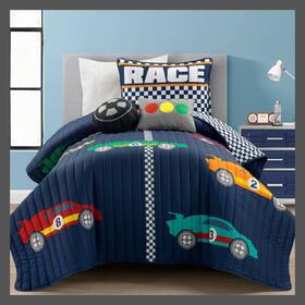 88098200 Lush Decor 4pc Twin Racing Cars Reversible Oversized Quilt Kidsft Bedding Set Navy