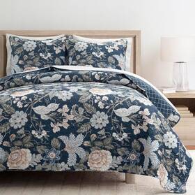 91262522 Lush Decor King Sydney Reversible Cotton Quilt Set Navy Blue Botanical