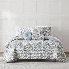 Elbqt6pcfql Lush Decor Lillian Block Print Reversible Quilt 6 Piece Set Full/queen Blue And Sage - Flo