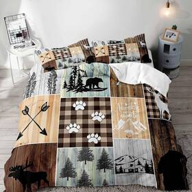 Vv-ba002-queen Luvivihome Vivihome 3pcs Black Bear Moose Deer Duvet Cover Queen Vintage Brown Plaid Pa
