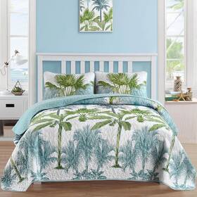 Luxudecor 445033989985 Tropical Plants Quilt Set Queen Size 3 Pieces Green And Blue Palm Botanical