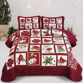 Ac080421af Luxudecor Christmas Quilt Set Queen Size Cardinal Birds Poinsettia Holl
