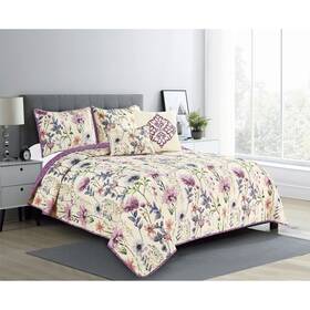 Luxury Home Textile 843257068009 Liverpool Floral Oversized 5 Piece Reversible Quilt Set Beige-purple Full-quee