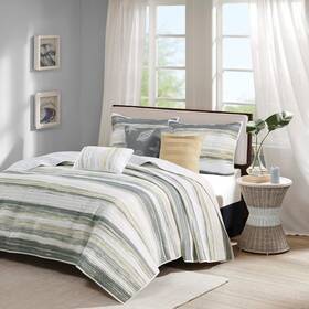 Madison Park 022164184785 Queen Quilt Set Yellow Gray Striped Coastal Nautical Tropical Beachy Summer 6pc
