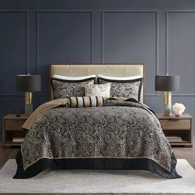 Madison Park 022164185201 Aubrey 5 Piece Reversible Jacquard Bedspread Set In Black