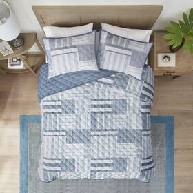 Madison Park 022164238273 Duvet Cover 3 Piece Set Full/queen Halston Quilted Patchwork Blue