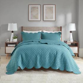 Madison Park 022164263237 Alva 3-piece Scalloped Edge Quilt Set With Shams Teal Full/queen