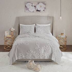 Madison Park 086569223685 Pansy Grey/ White Tufted Cotton Chenille Full/queen Coverlet Set
