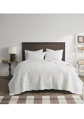 Madison Park 086569635679 Aster 3 Piece Embroidered Faux Fur Coverlet Set Ivory Bedding