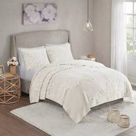 Madison Park 195925653551 Pansy Cvt Set - White 3 Piece Tufted Cotton Chenille Floral