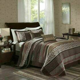20830883 Madison Park Queen Size Bedding 5pc Oversized Bedspread Set Brown Red Striped Glam All Season