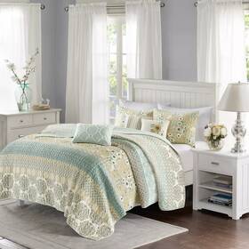 52380239 Madison Park 6pc Full/queen Loraine Cotton Printed Reversible Quilt Set Green -