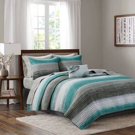 77381179 Madison Park 8pc King Seth Striped Complete Reversible Coverlet Set Aqua Blue
