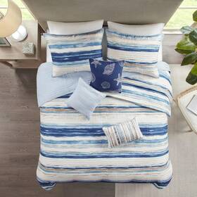Mp13-2425 Madison Park King Quilt Set Blue Coastal Nautical Tropical Beachy Elegant Stripe Coverlet 6pc