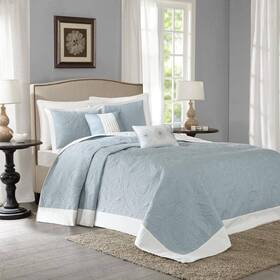 Mp13-2628 Madison Park Quilt Set Queen Embroidered Reversible Microfiber Blue 5-piece