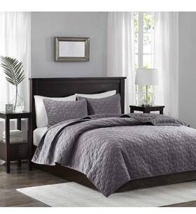 Mp13-3304 Madison Park Harper Quilted Velvet 3-pc. Coverlet Set Full/queen Gray