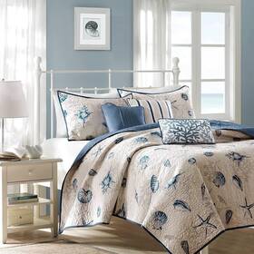 Mp13-375 Madison Park King Size Bedding 6pc Set Quilt Coverlet Coastal Blue Beach Seashells Ocean